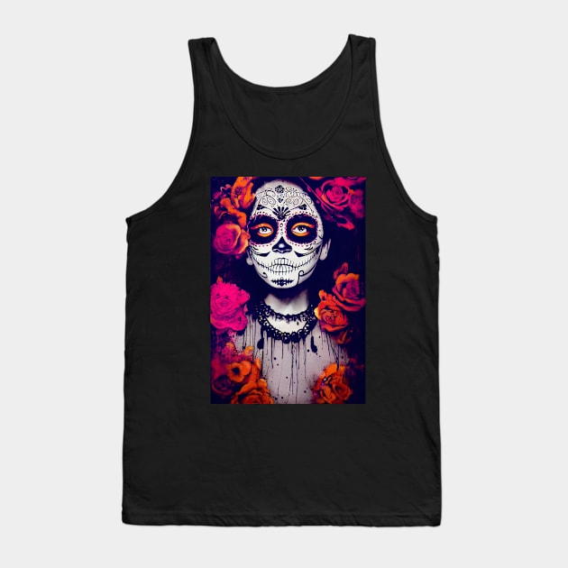 Dia de Los Muertos, Day of the Dead Catrina with pink and orange flowers Tank Top by Hector Navarro
